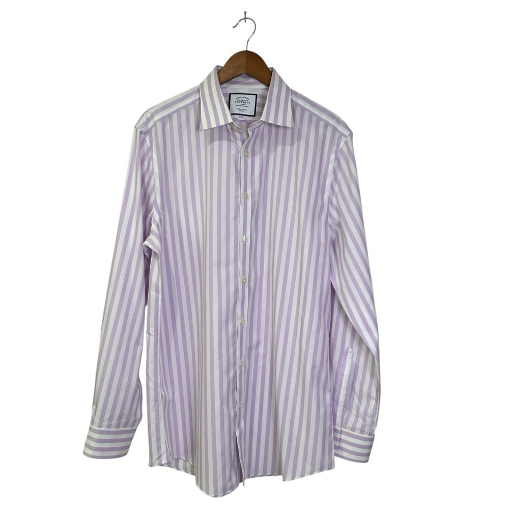 Charles Tyrwhitt 16 1/2 Extra Slim Fit Purple White Bengal Stripe Button Shirt